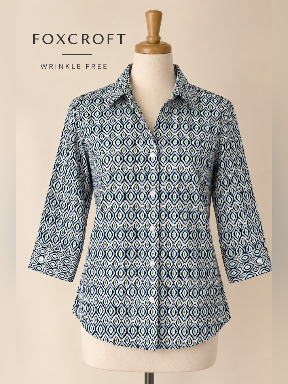 Foxcroft Wrinkle Free Geometric Print Cotton Shirt 10P Petite